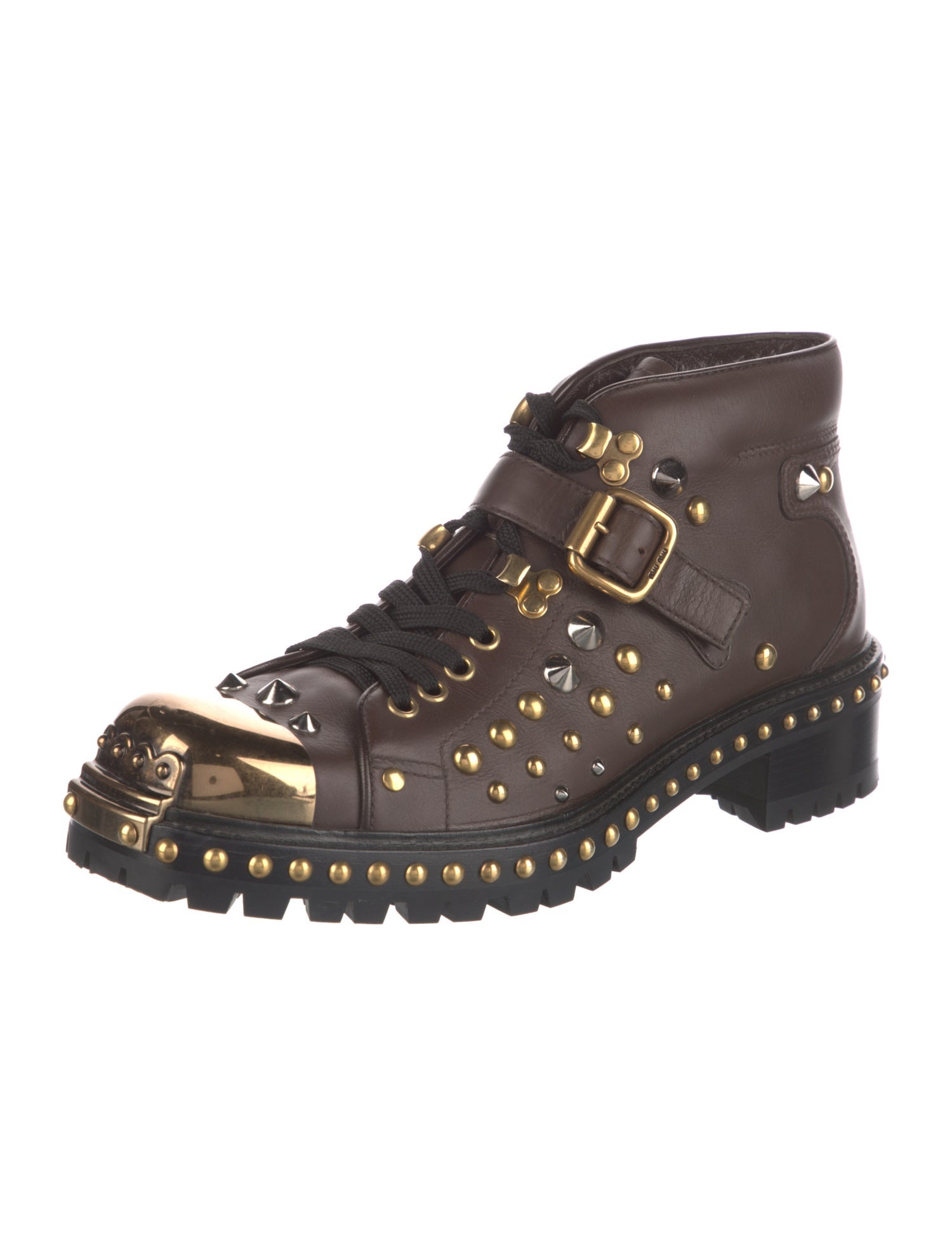Miu Miu Leather Studded Accents Lace-Up Boots