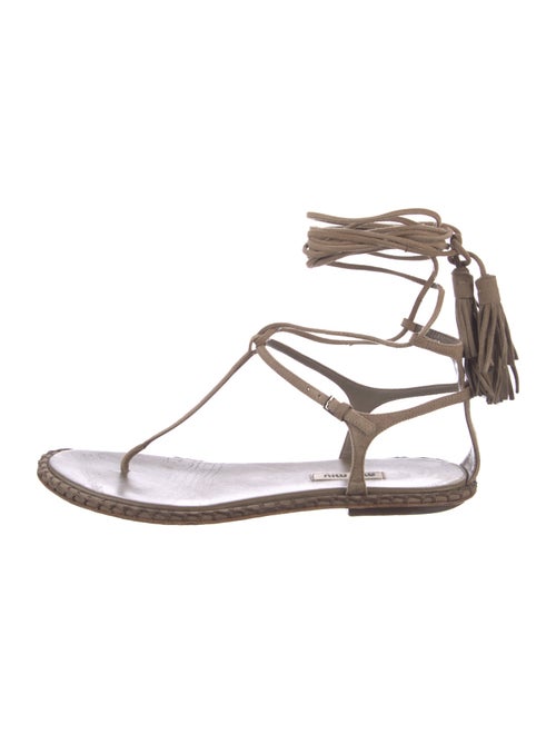 Miu Miu Suede Tassel Accents T-Strap Sandals