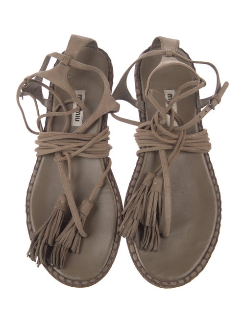 Miu Miu Suede Tassel Accents T-Strap Sandals