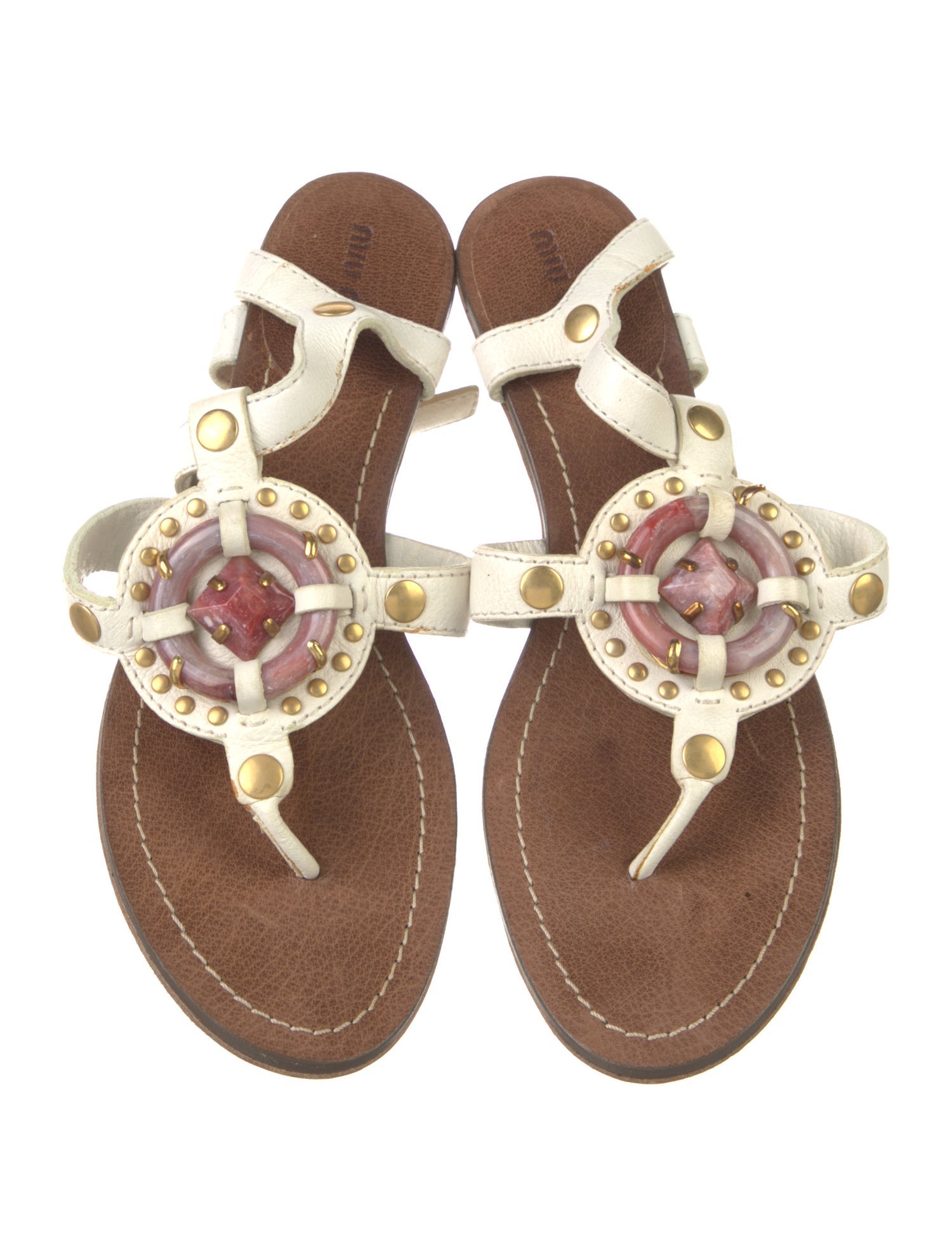 Miu Miu Leather Beaded Accents T-Strap Sandals