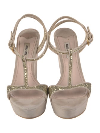 Miu Miu Suede Glitter Accents T-Strap Sandals