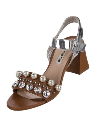 Miu Miu Faux Pearl Accents Leather Slingback Sandals