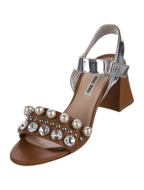 Miu Miu Faux Pearl Accents Leather Slingback Sandals