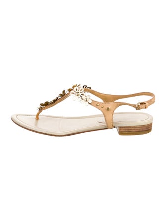 Miu Miu Leather Floral Print T-Strap Sandals