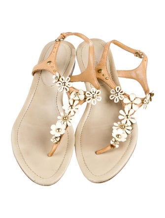 Miu Miu Leather Floral Print T-Strap Sandals