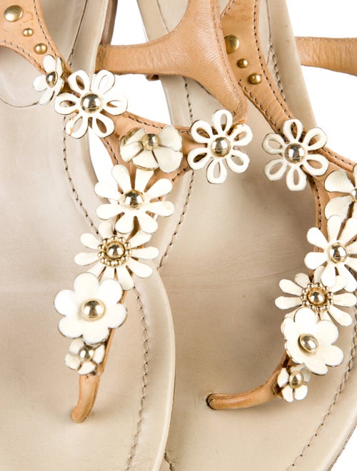 Miu Miu Leather Floral Print T-Strap Sandals