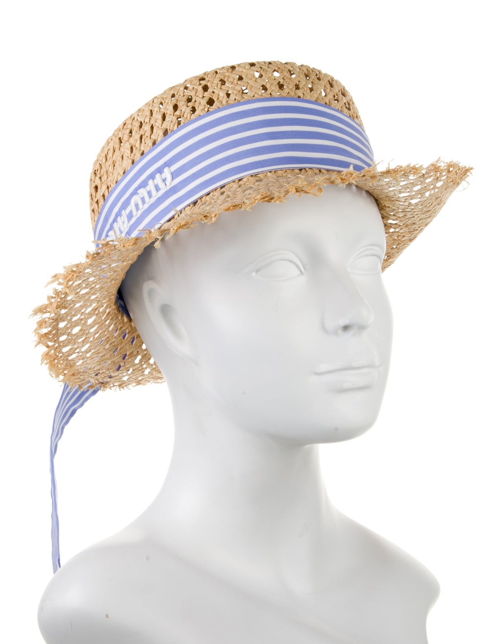 Neutral and Blue Miu Miu Straw Hat With Pattern P… - image 3