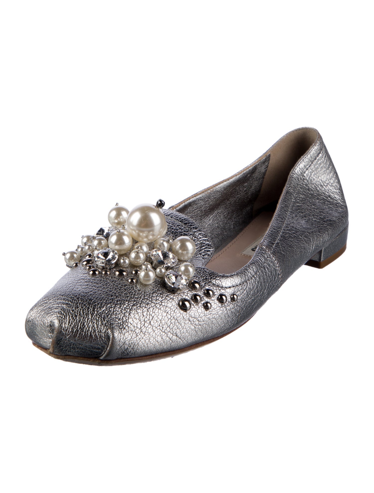 Miu Miu Faux Pearl Accents Leather Ballet Flats