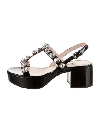 Miu Miu Patent Leather Crystal Embellishments T-Strap Sandals