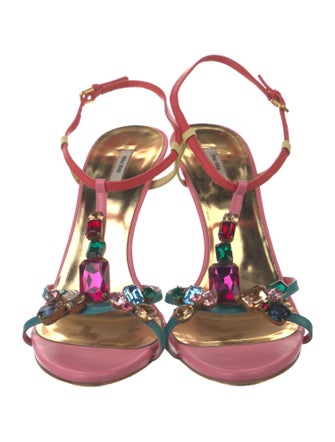 Miu Miu Leather Colorblock Pattern T-Strap Sandals