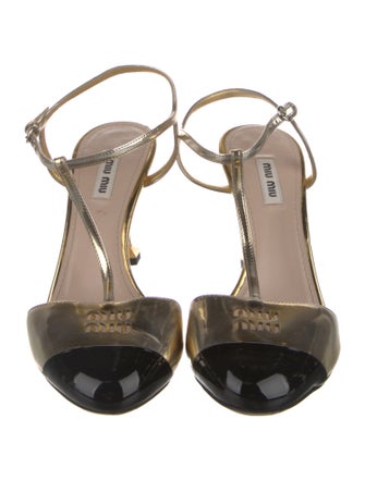 Miu Miu Patent Leather Colorblock Pattern T-Strap Pumps