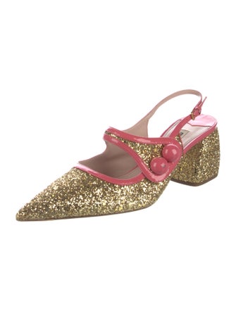Miu Miu Glitter Leather Trim Embellishment Slingback Pumps