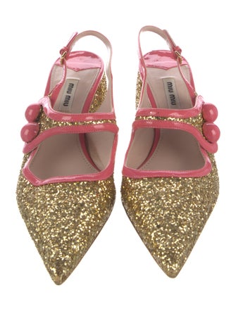 Miu Miu Glitter Leather Trim Embellishment Slingback Pumps
