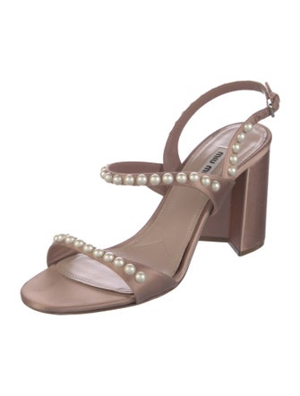 Miu Miu Faux Pearl Accents Satin Slingback Sandals