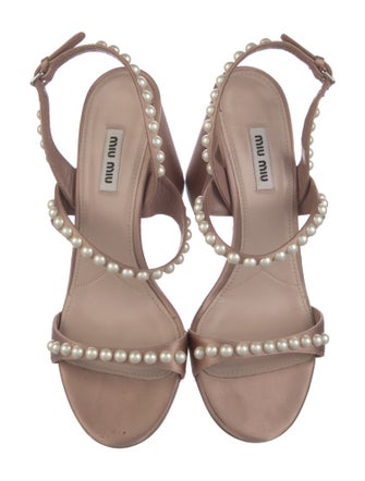Miu Miu Faux Pearl Accents Satin Slingback Sandals