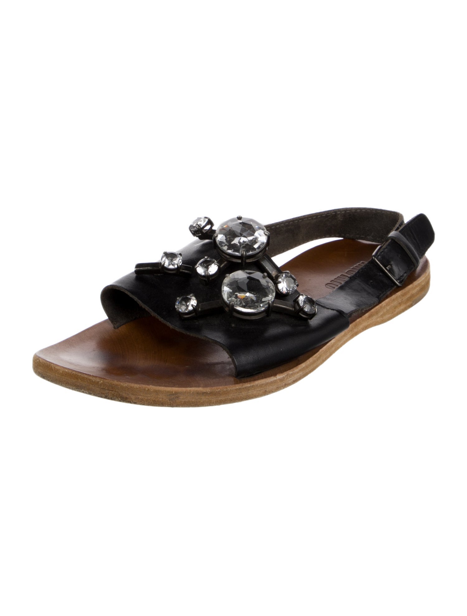 Miu Miu Leather Crystal Embellishments Slingback Sandals