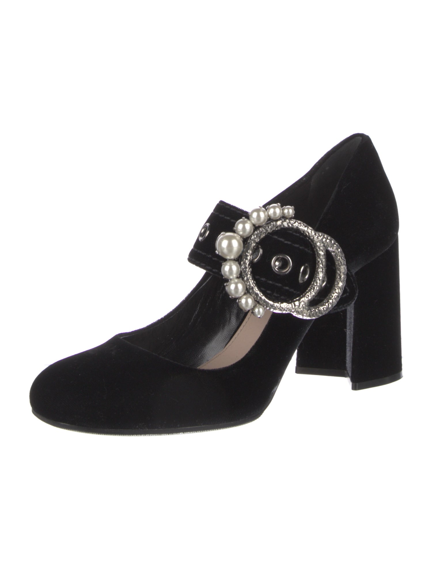 Miu Miu Faux Pearl Accents Velvet Pumps