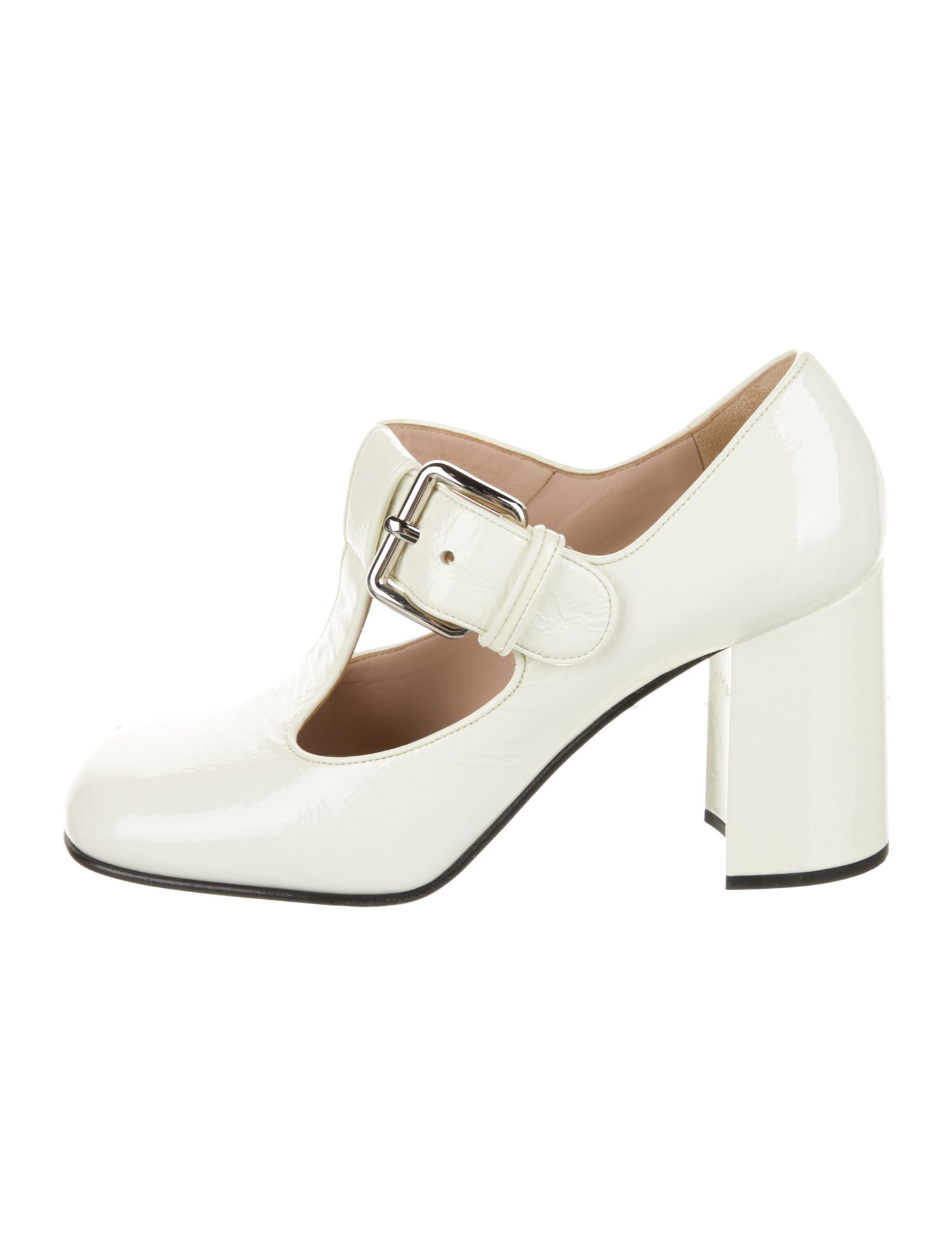 Miu Miu Faux Pearl Accents Patent Leather T-Strap Pumps
