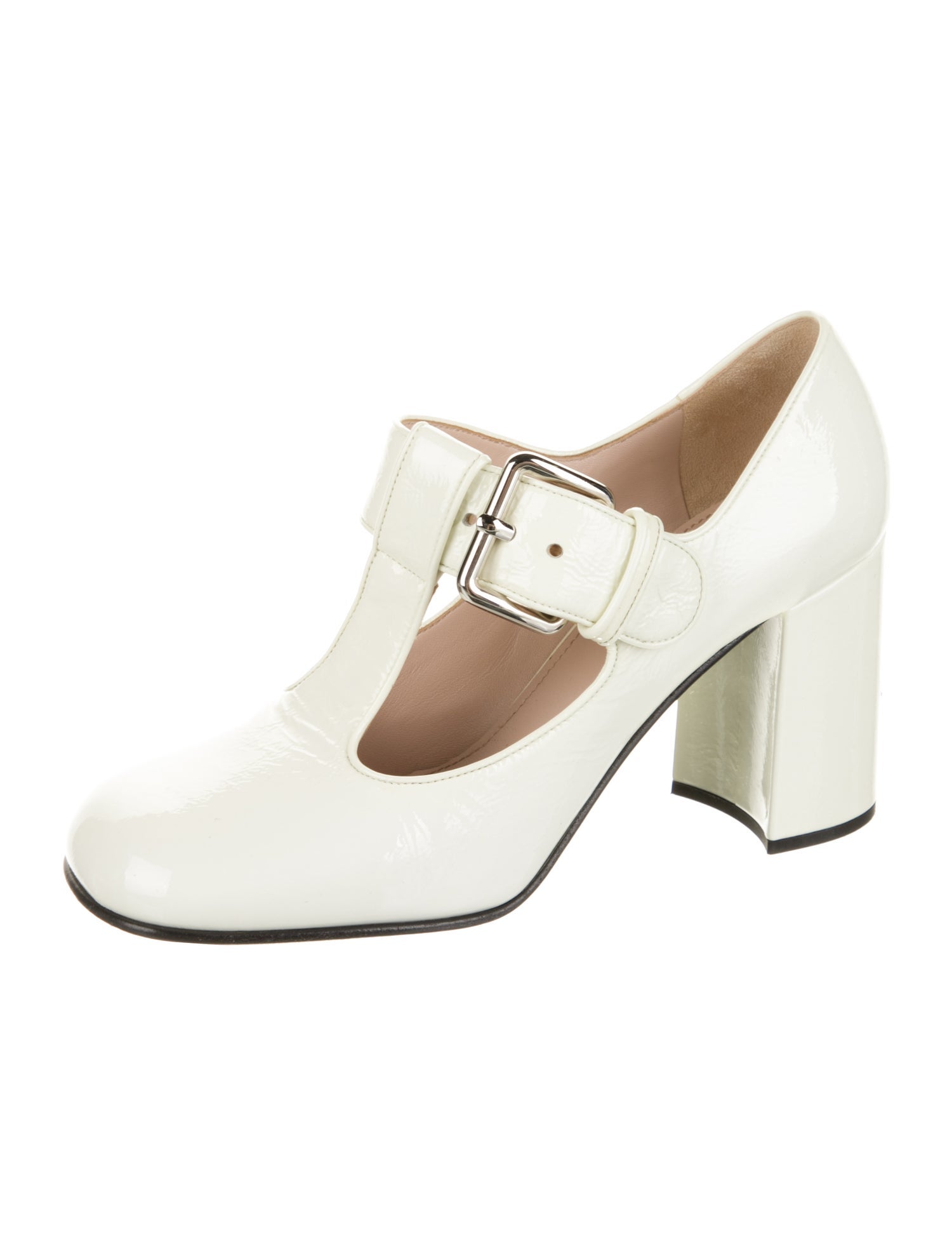 Miu Miu Faux Pearl Accents Patent Leather T-Strap Pumps