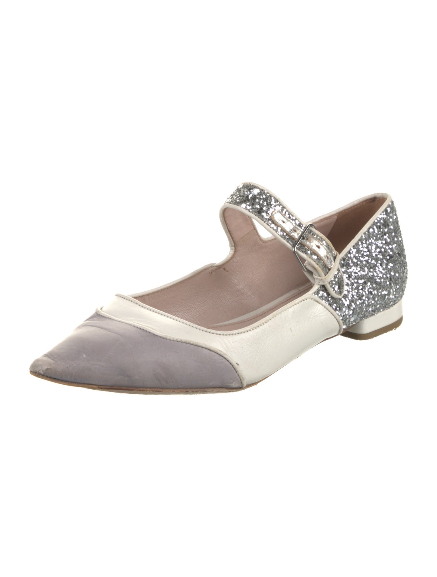 Miu Miu Leather Glitter Accents Mary Jane Flats