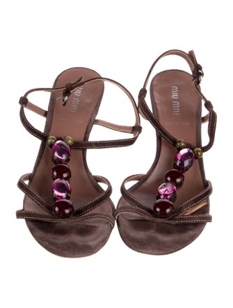 Miu Miu Suede Beaded Accents T-Strap Sandals