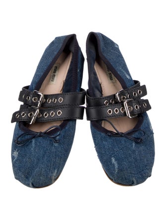 Miu Miu Denim Bow Accents Mary Jane Flats