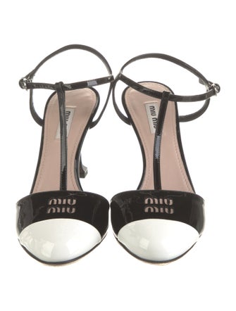 Miu Miu Patent Leather Lasercut Accents T-Strap Pumps