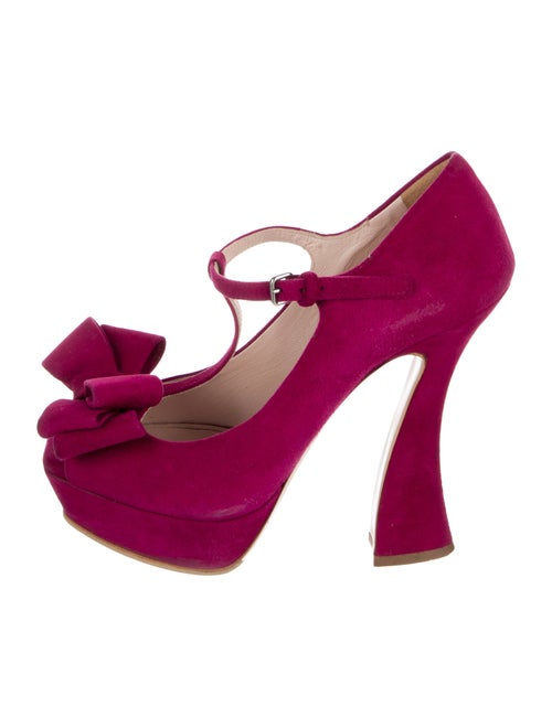 Miu Miu Suede Bow Accents T-Strap Pumps