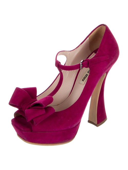 Miu Miu Suede Bow Accents T-Strap Pumps
