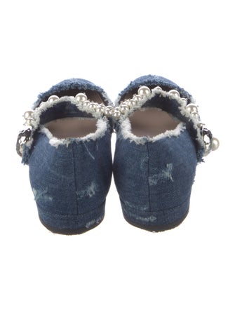 Miu Miu Faux Pearl Accents Denim Ballet Flats