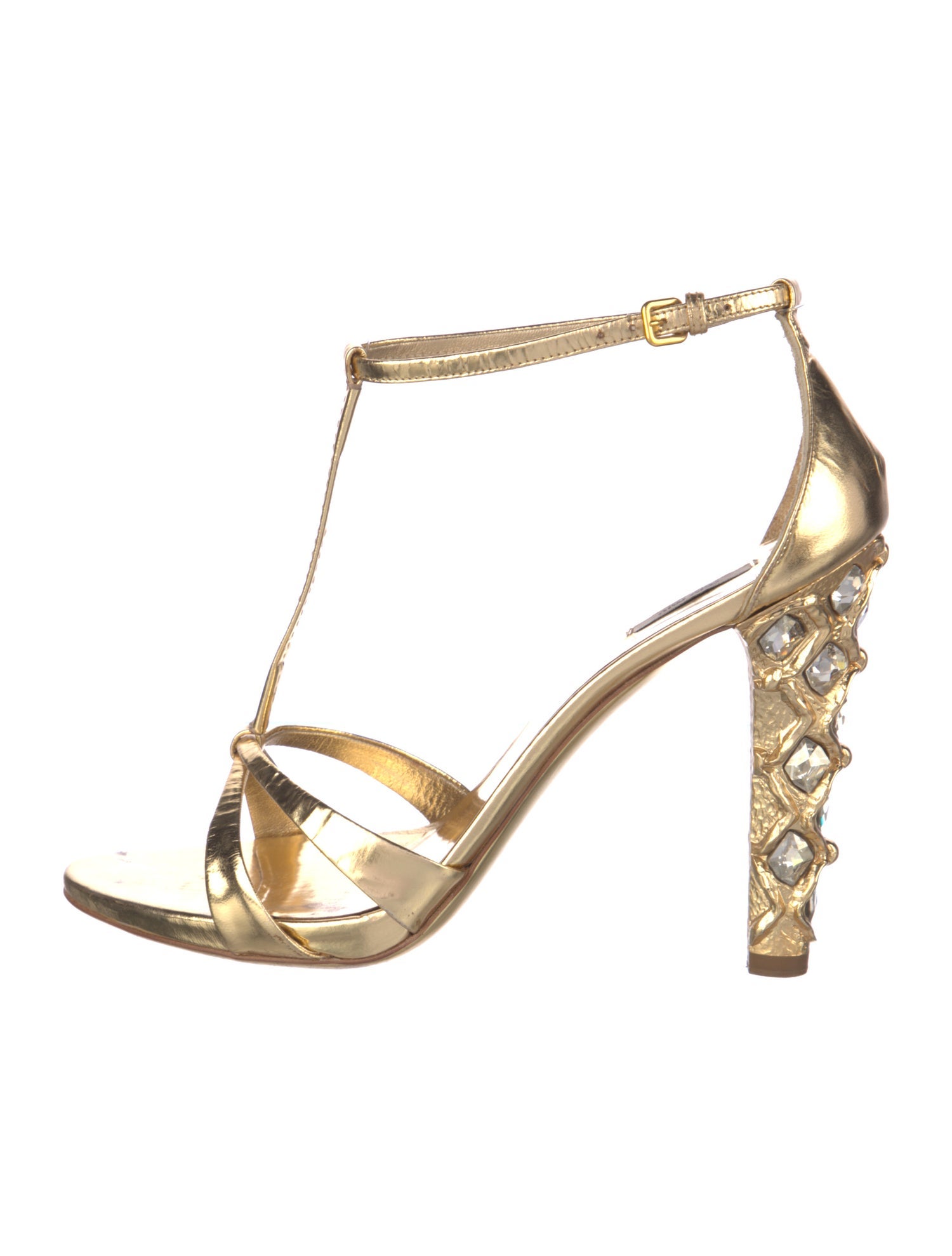 Miu Miu Patent Leather Crystal Embellishments T-Strap Sandals
