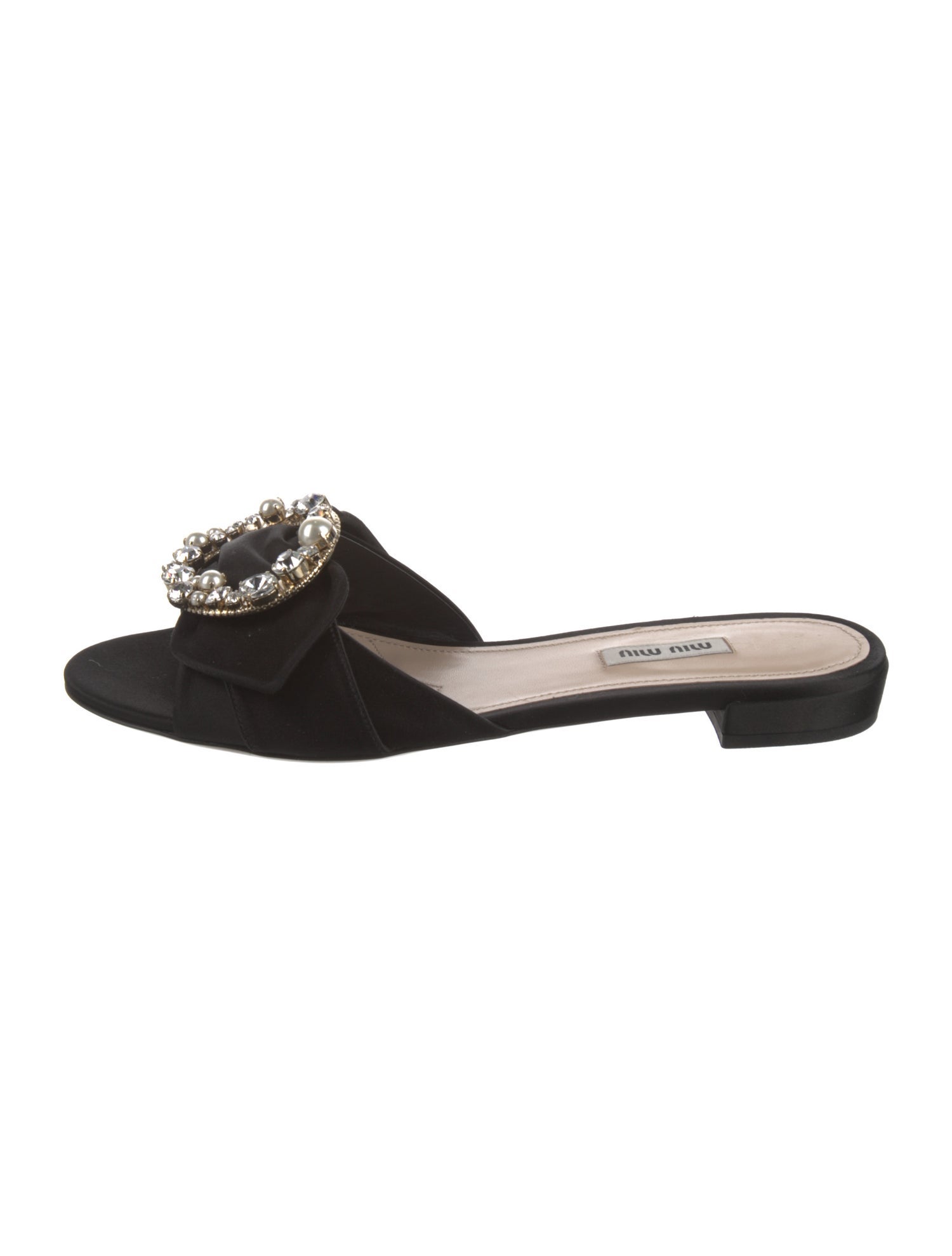 Miu Miu Faux Pearl Accents Satin Mules