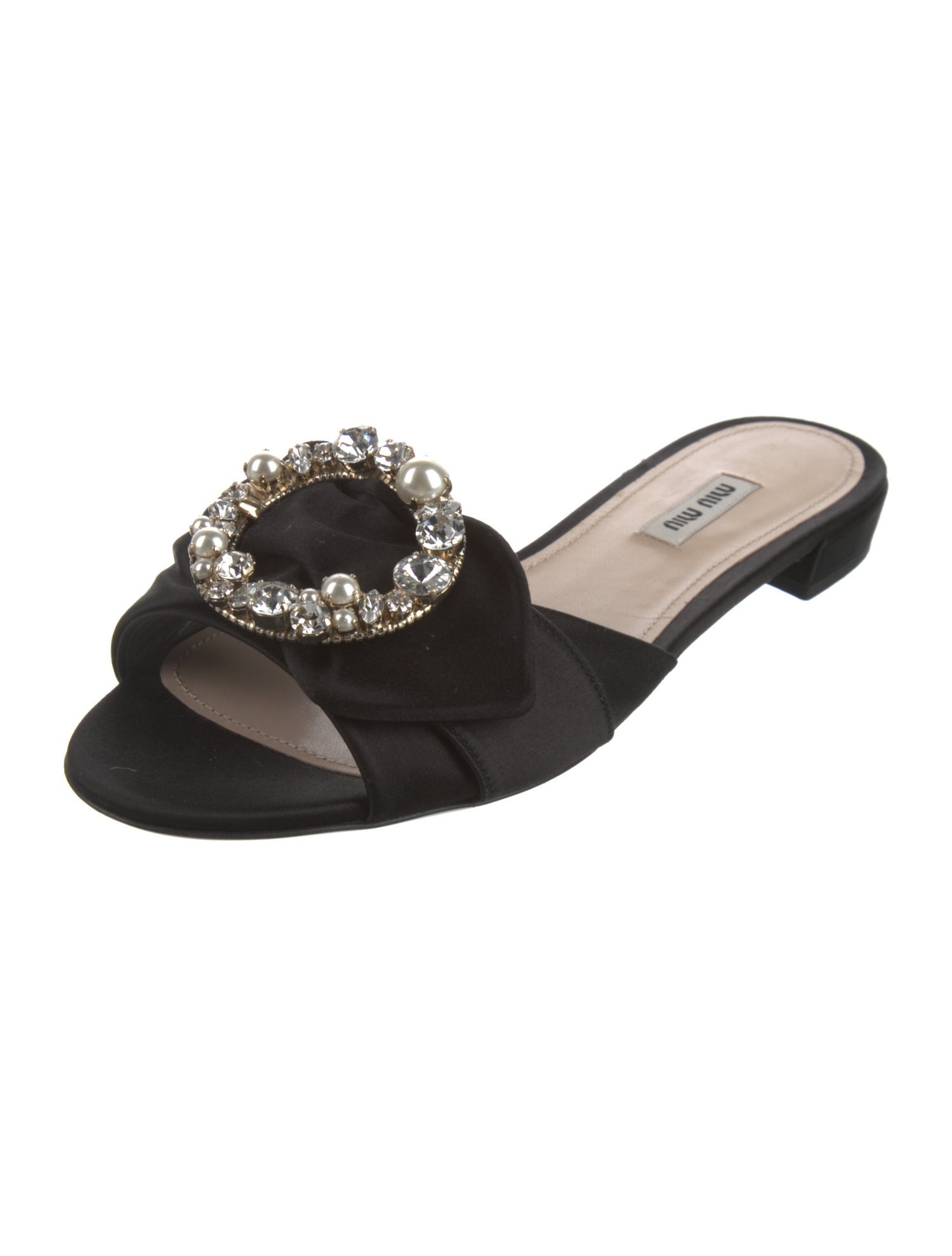 Miu Miu Faux Pearl Accents Satin Mules