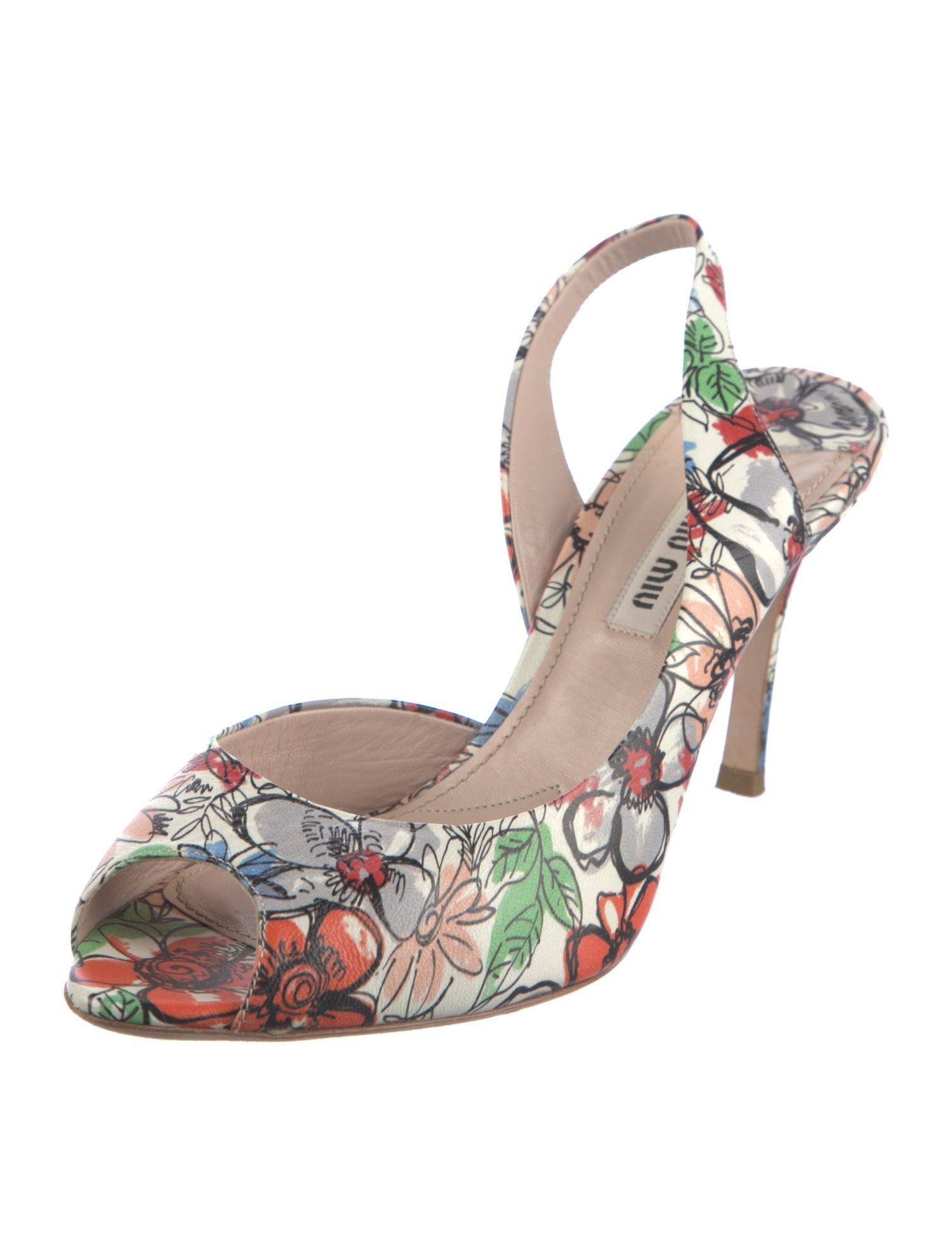 Miu Miu Leather Floral Print Slingback Pumps