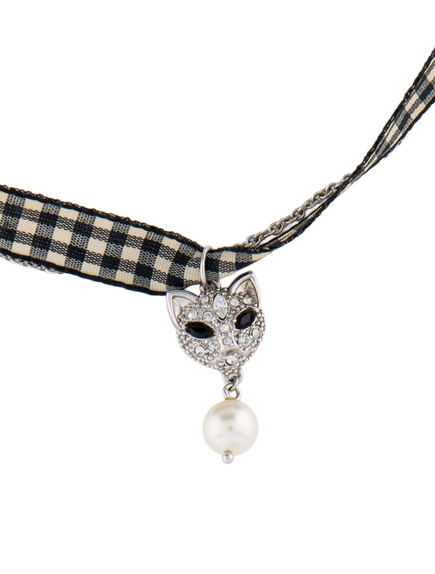 Miu Miu Crystal & Faux Pearl Cat Pendant Necklace