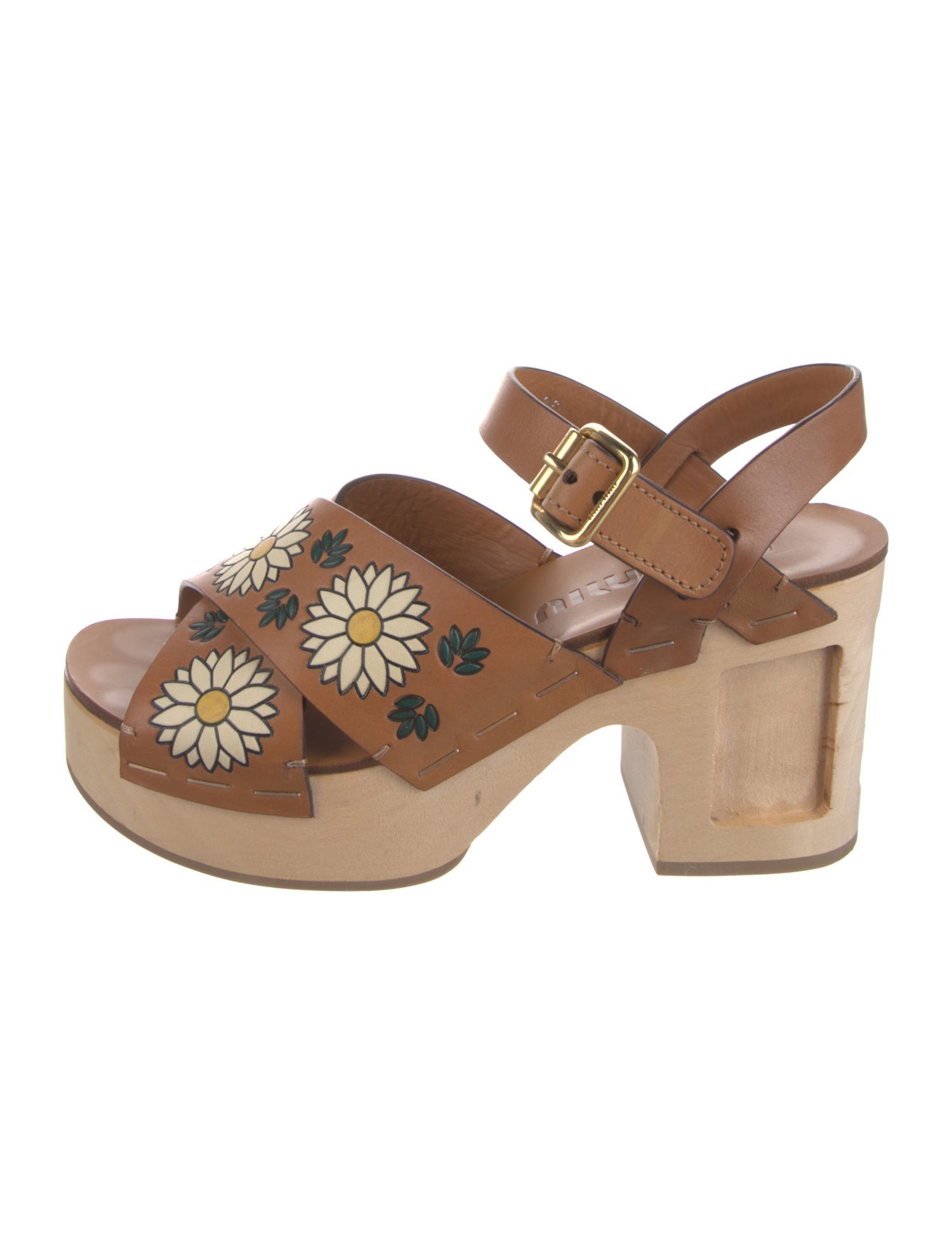 Miu Miu Leather Floral Print Slingback Sandals - Neutrals Sandals