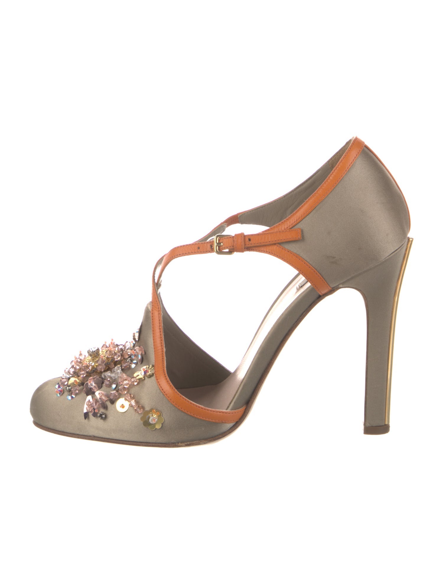 Miu Miu Satin Crystal Embellishments T-Strap Pumps