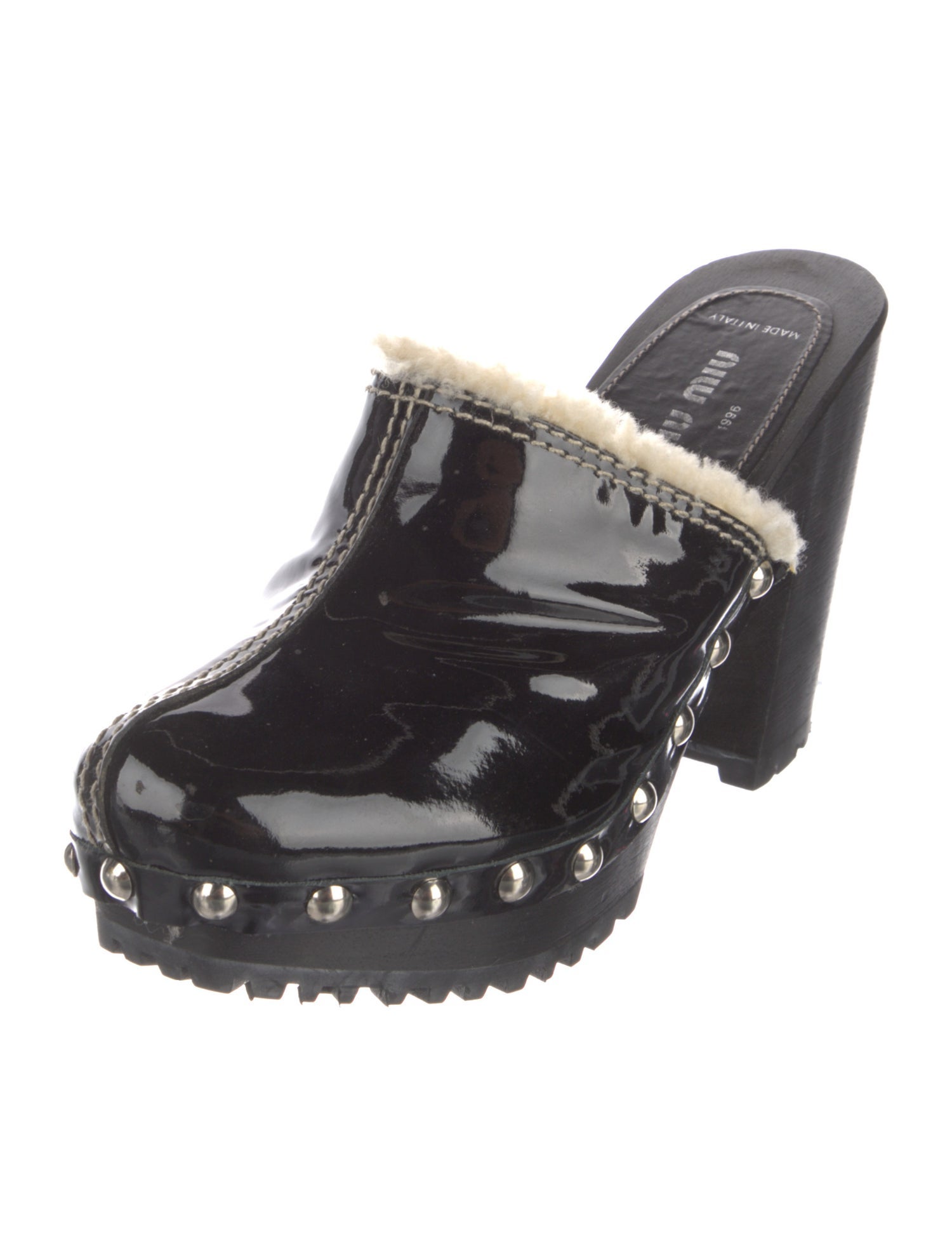Miu Miu Patent Leather Studded Accents Mules