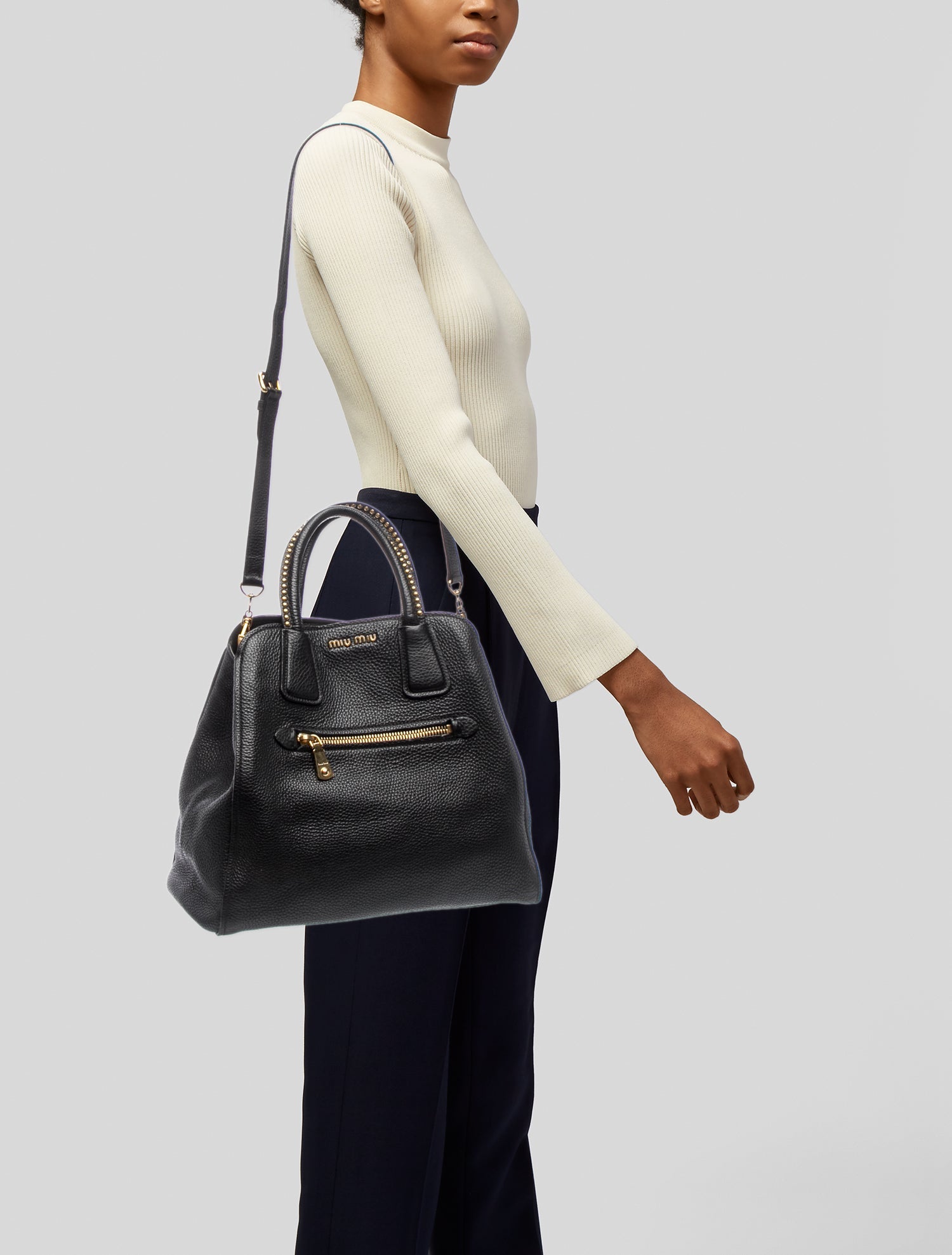 Miu Miu Leather Studded 2-Way Tote Vintage - Black Handle Bags 