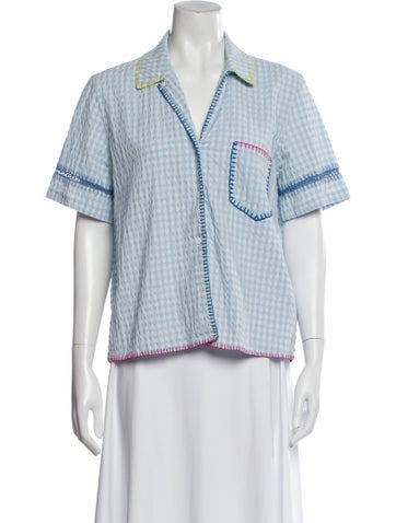 Pre-owned Mira Mikati Plaid Print Short Sleeve Button-up Top In Blue