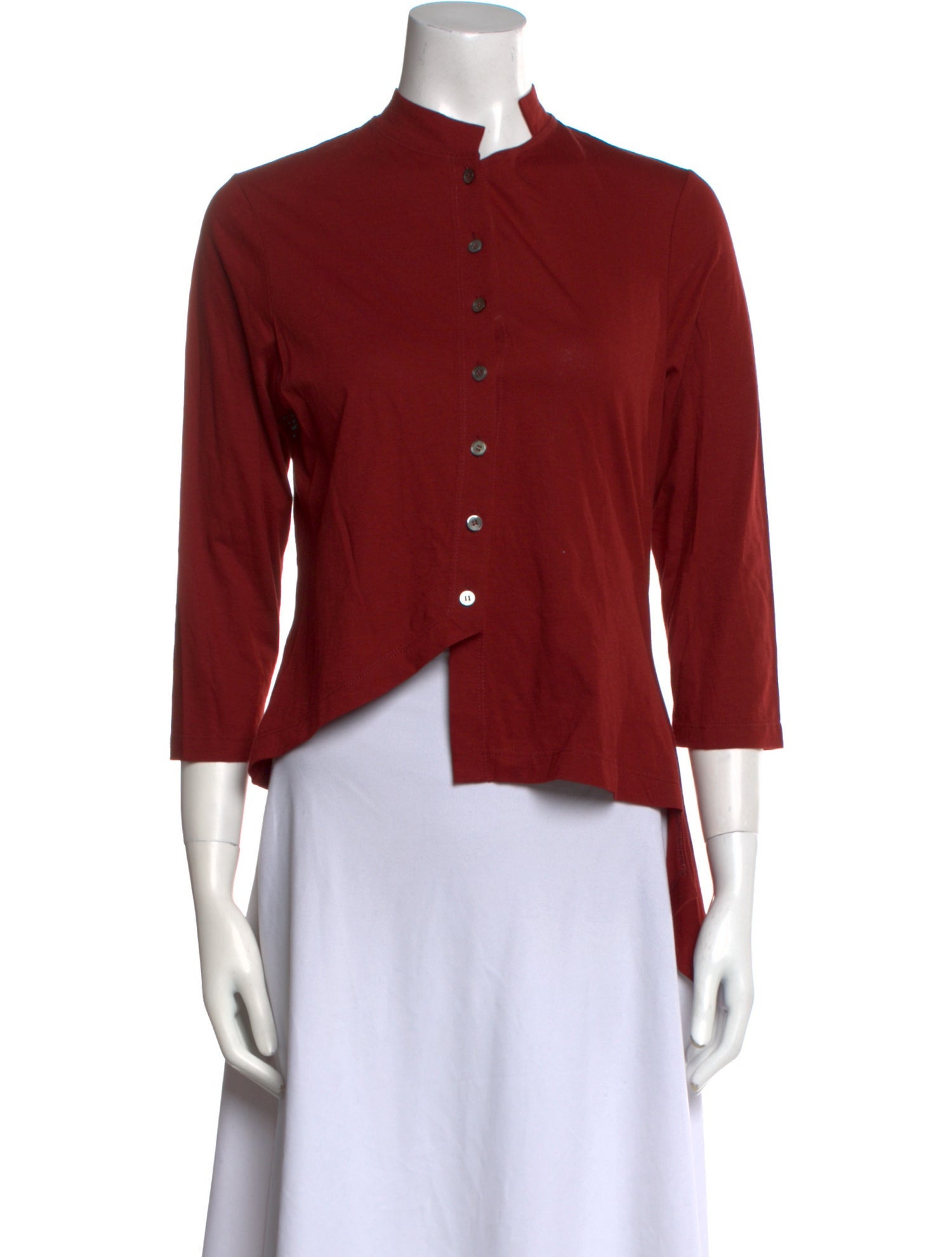 Morgane Le Fay Mock Neck Three-Quarter Sleeve Button-Up Top