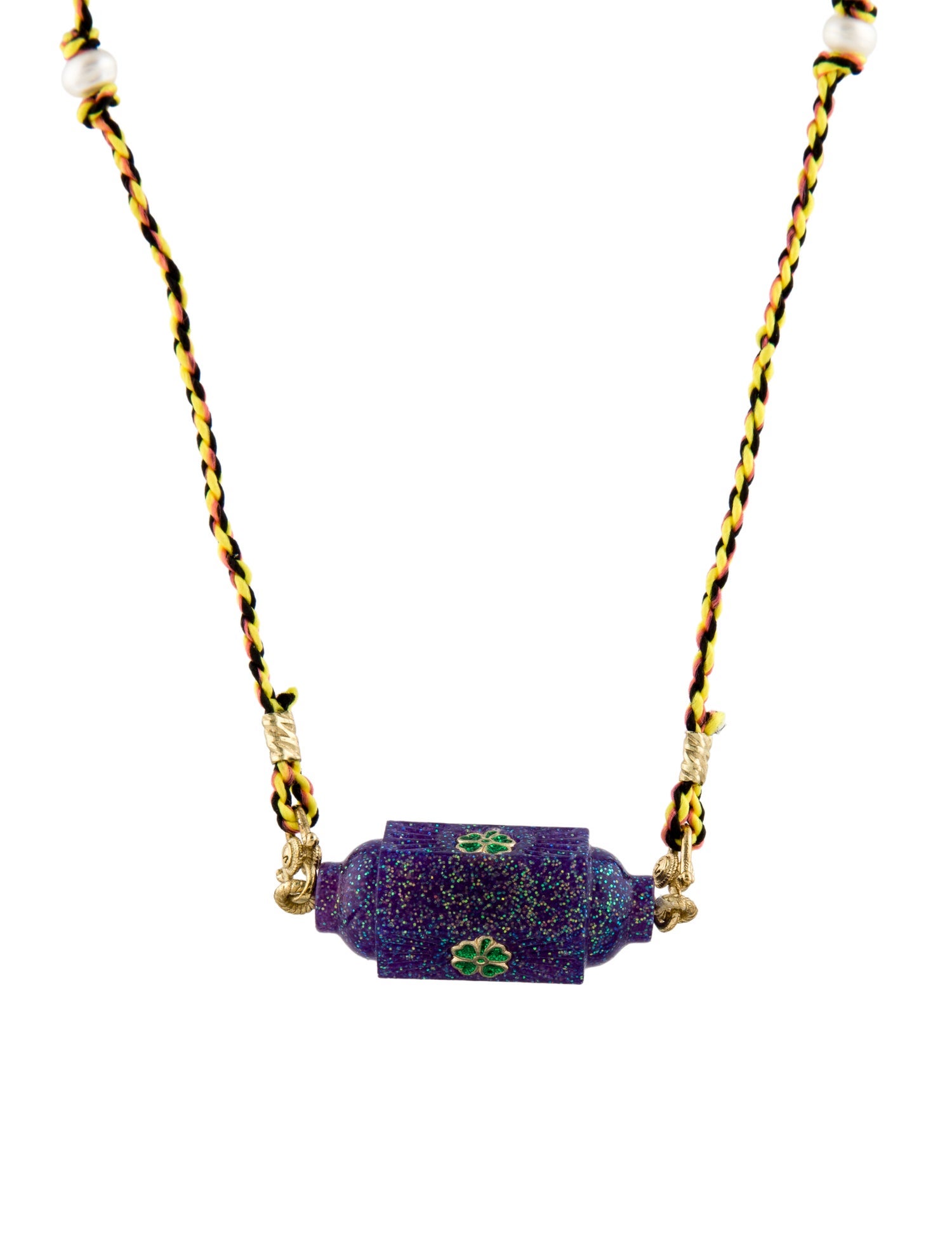 Marie Lichtenberg Pearl, Resin, Enamel & Cord Raiz'in Clover Locket Pendant