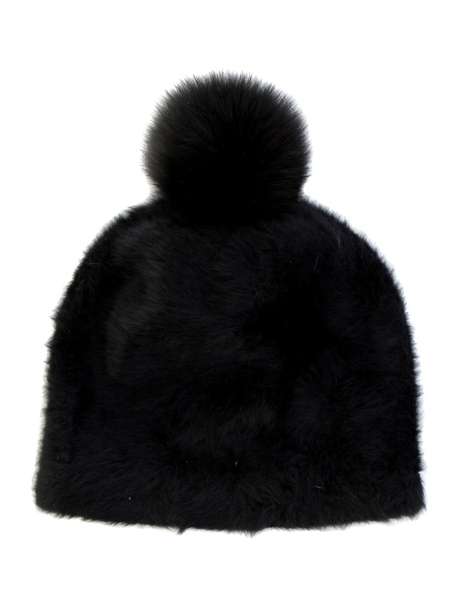 Max Mara Angora Rabbit Fur w/ Fox Pom Pom Beanie Hat