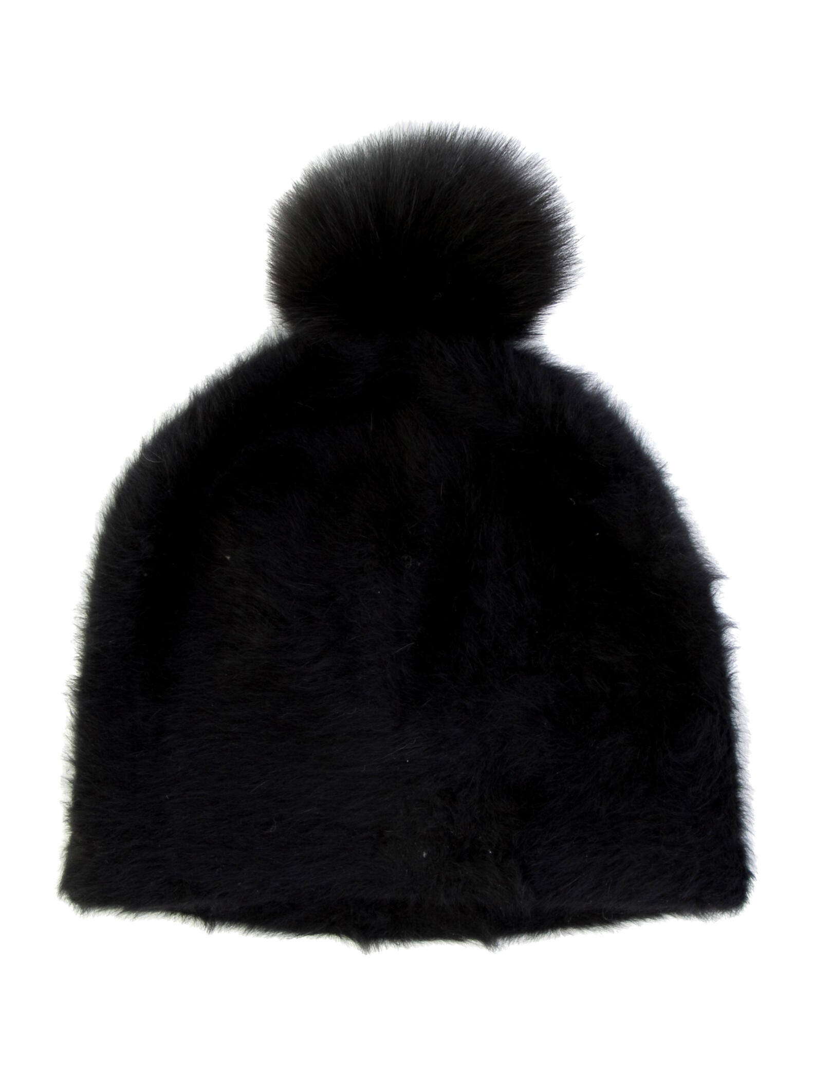 Max Mara Angora Rabbit Fur w/ Fox Pom Pom Beanie Hat