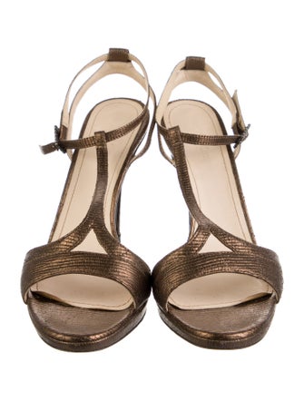Max Mara Embossed Leather Animal Print T-Strap Sandals