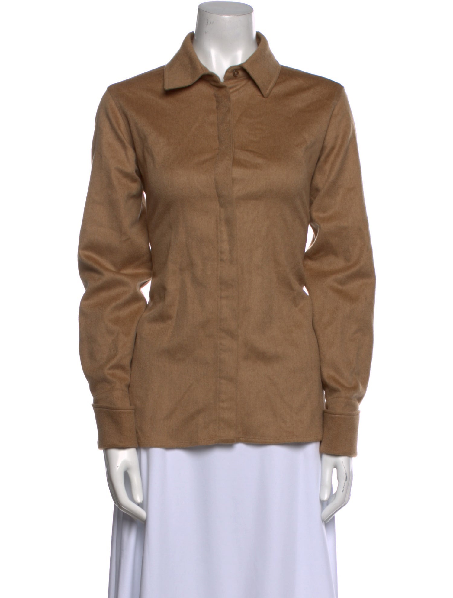 Max Mara Camel Hair Long Sleeve Button-Up Top