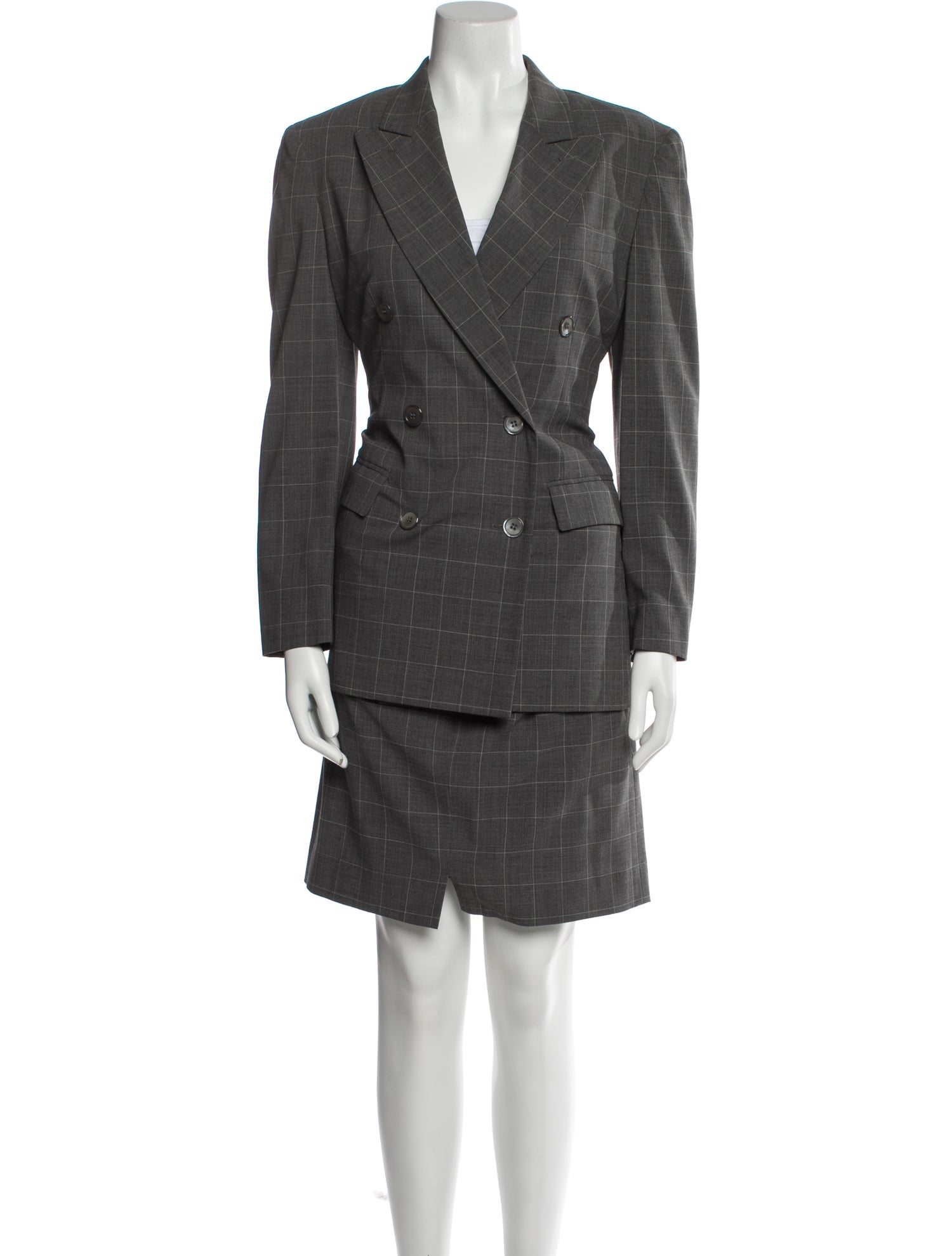 Max Mara Virgin Wool Plaid Print Skirt Suit