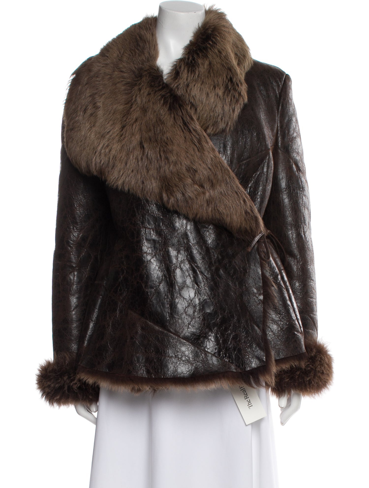 Max Mara Leather Colorblock Pattern Faux Fur Coat