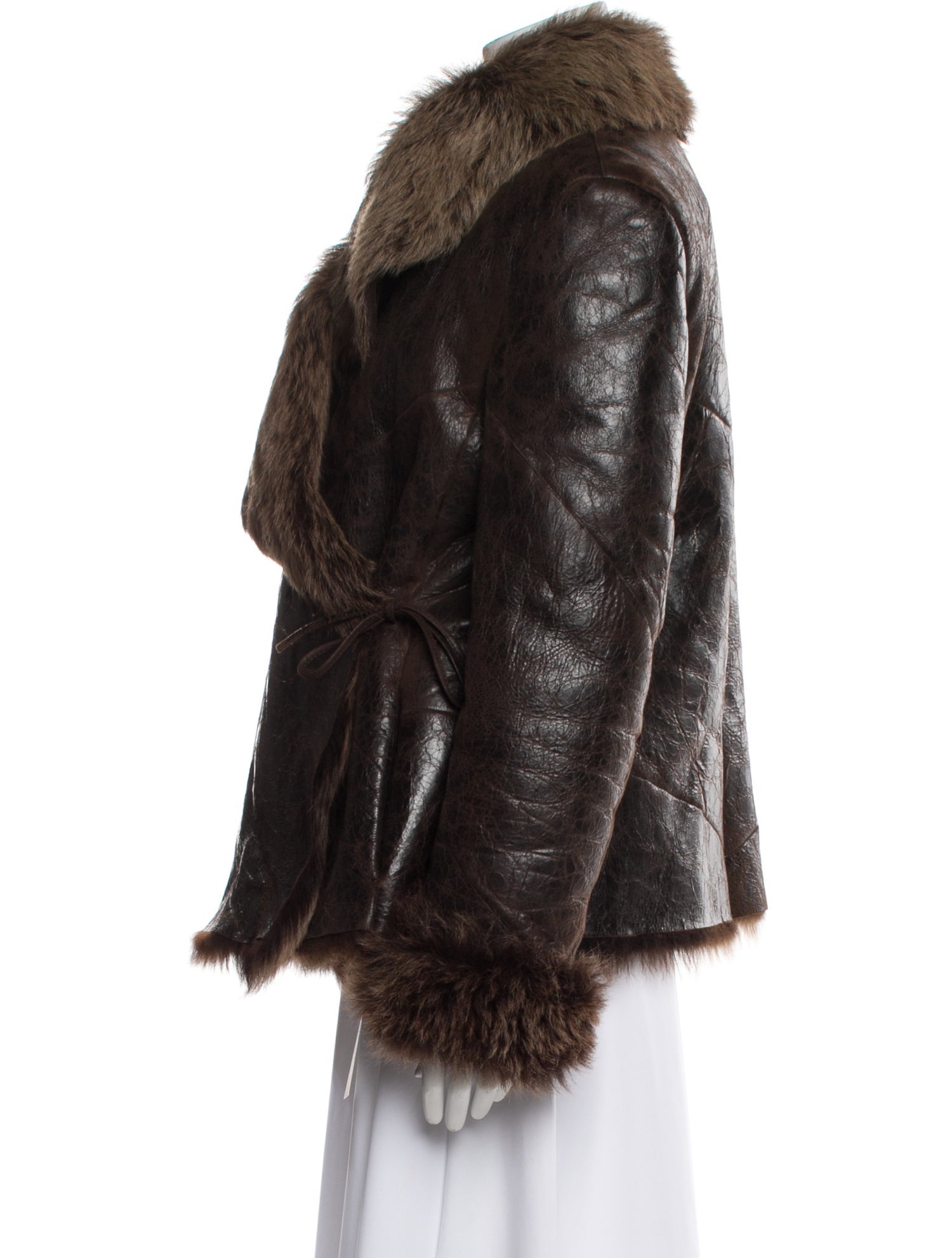 Max Mara Leather Colorblock Pattern Faux Fur Coat