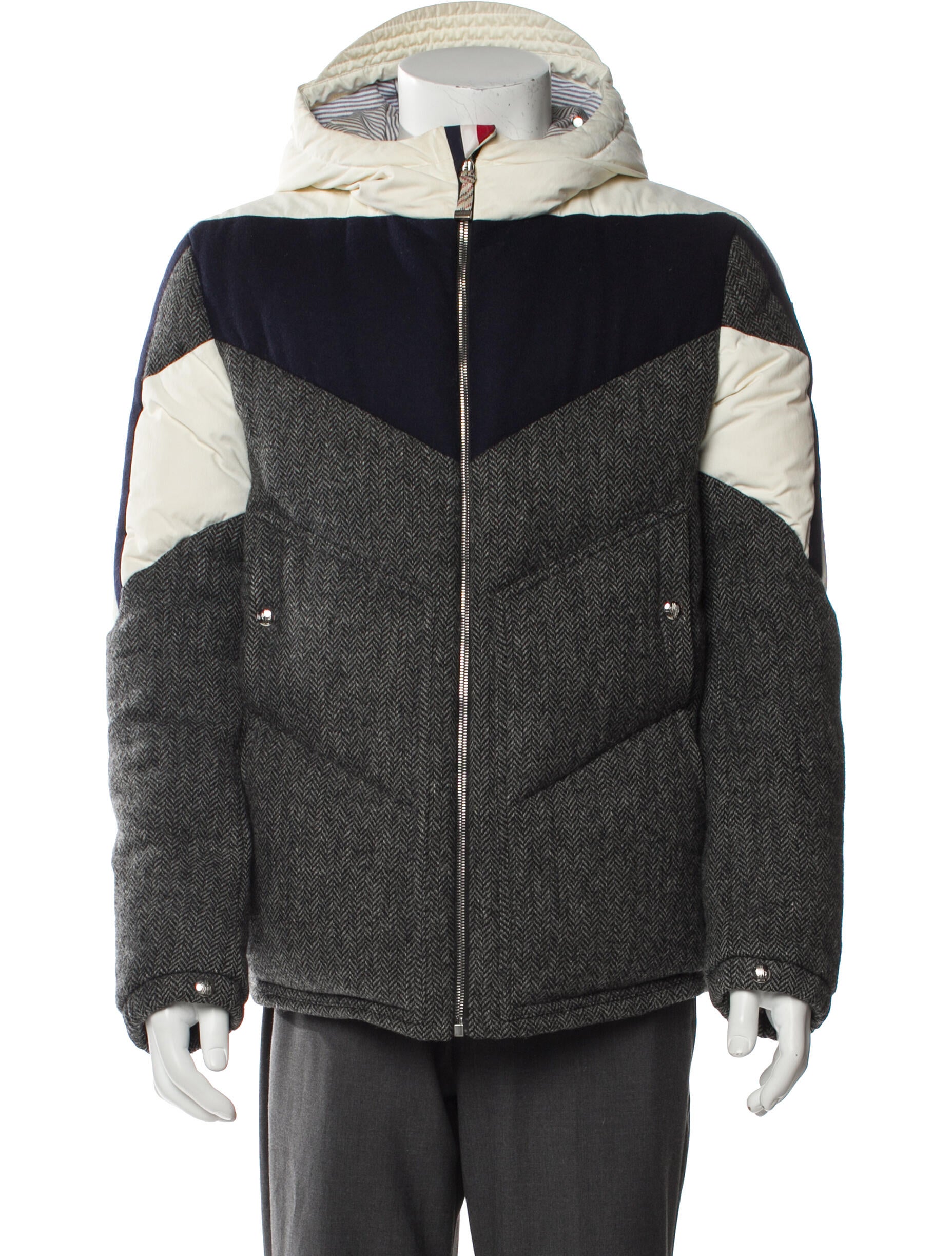 Moncler Gamme Bleu Wool Printed Puffer Coat - Grey Outerwear
